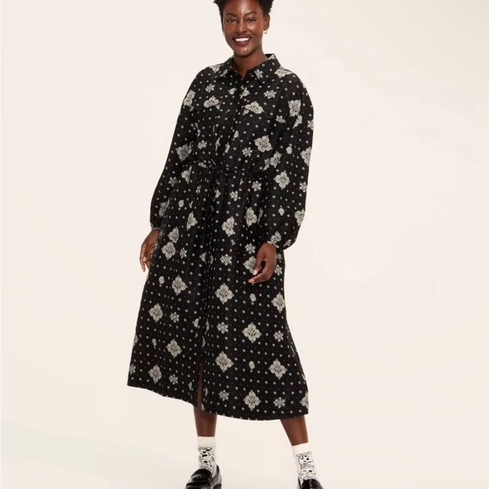 Woolrich Black Floral-Print Button Midi Dress